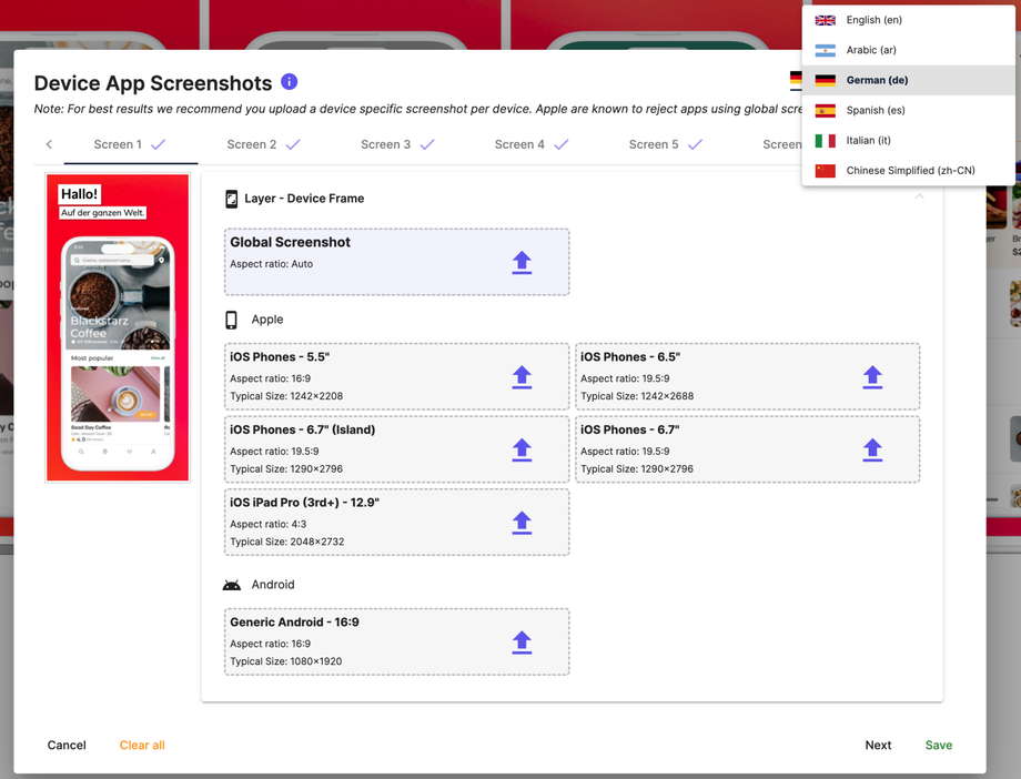 uploading app screens