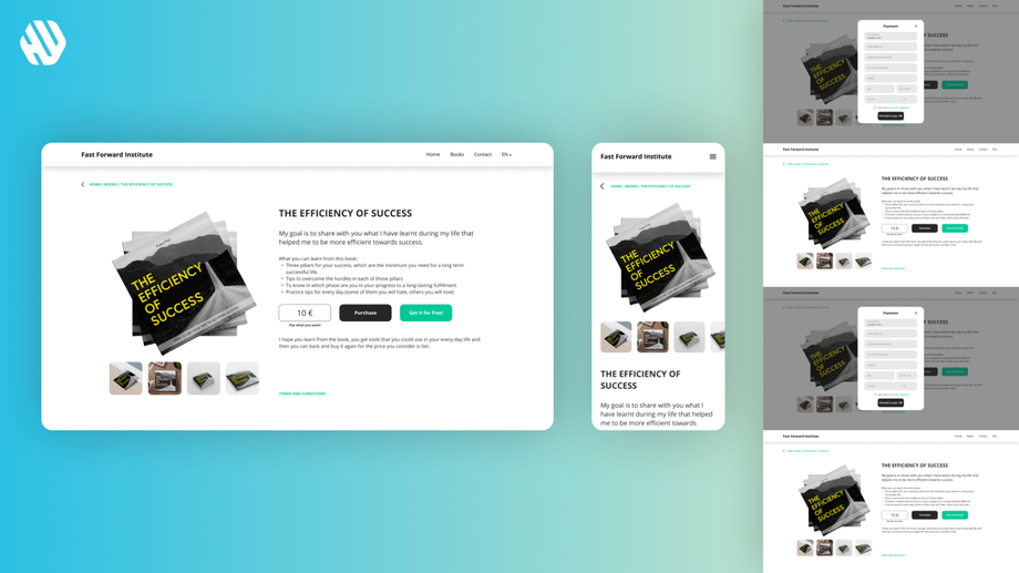 Fast Forward Institute website displaying "The Efficiency of Success" book with pricing options.