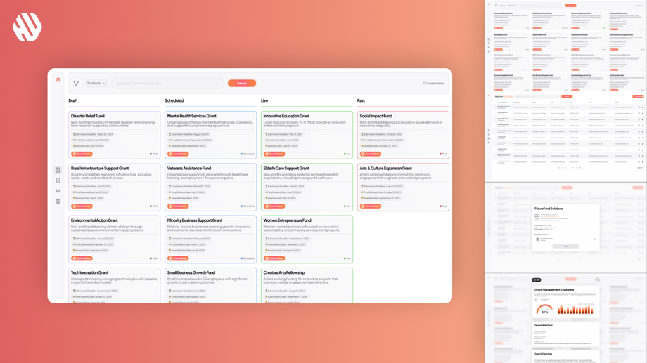 Kanban-style grant management dashboard showing cards by status (Draft, Scheduled, Live, Past) with filters, search, and summary metrics.