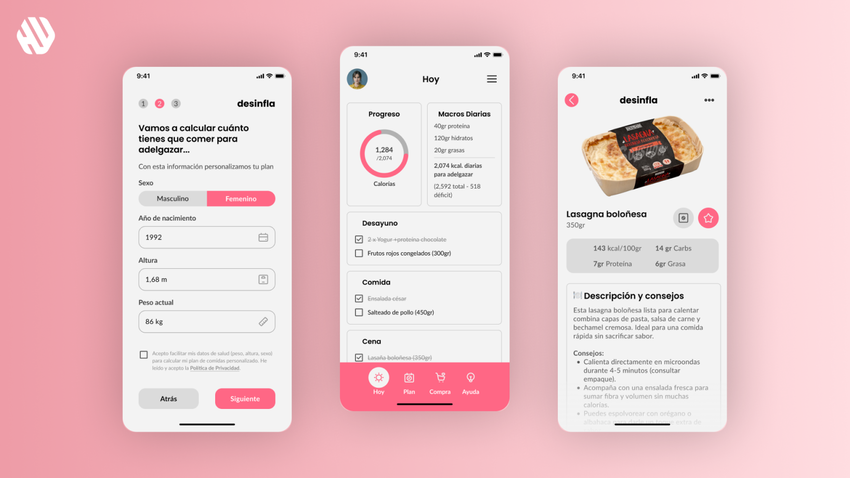 Mobile app screens from a nutrition app showing user setup, daily progress tracking, and a meal detail page with calories and macros.