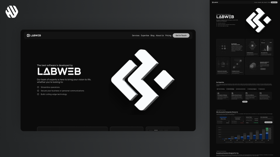 Thanks! Based on your case study, here's an updated and concise alt text for the **LabWeb** image:  **Alt Text:** Futuristic landing page design for LabWeb showcasing a dark theme with neon highlights, layered parallax sections, 3D animated logo, and modular content cards. Optimized for both desktop and mobile views.