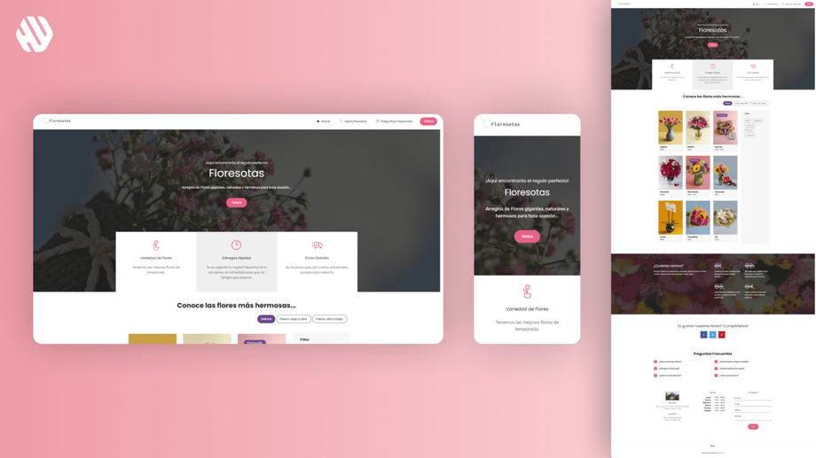 Floresotas brand website interface showing homepage and product pages with pink color scheme.