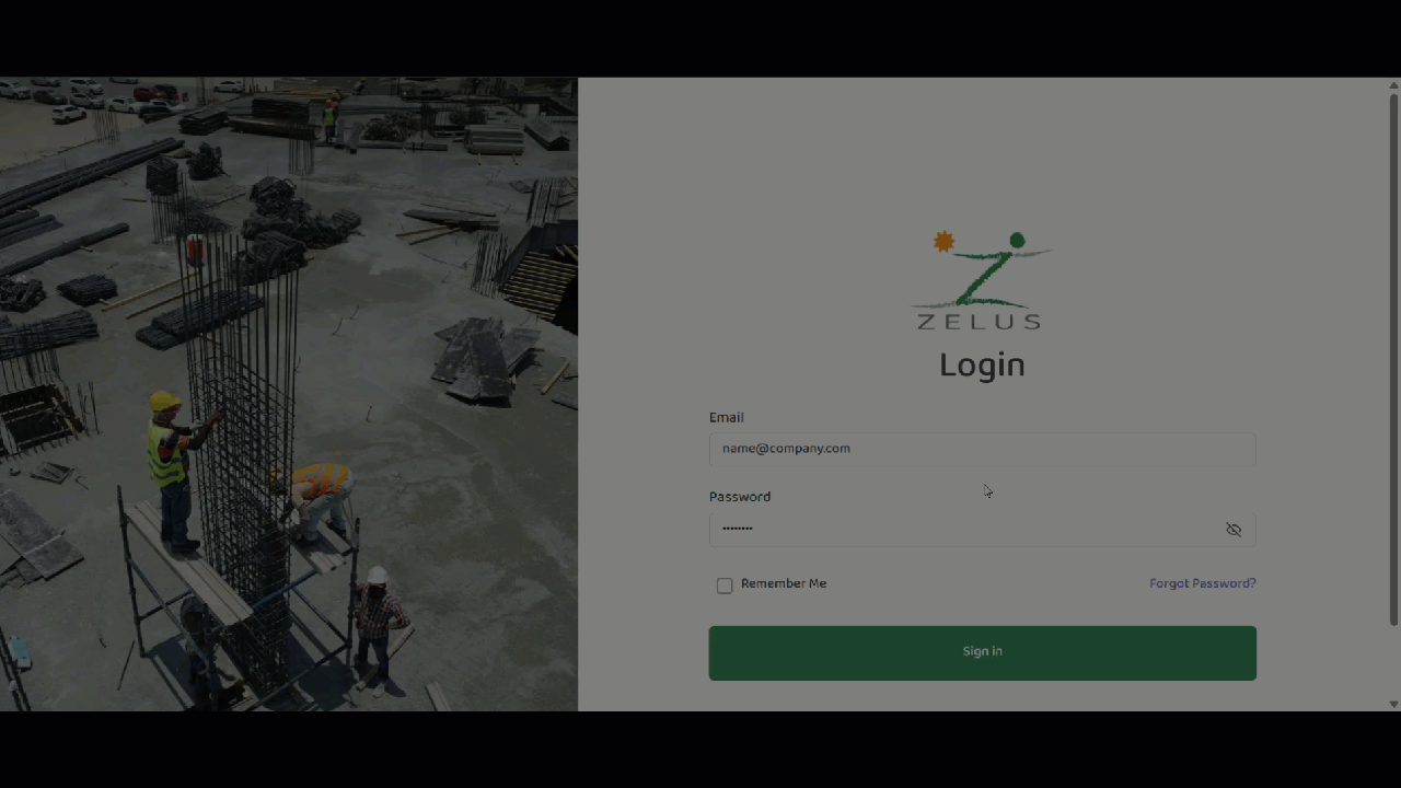 Animated GIF demonstrating how to reset your password from the Zelus Environmental login page