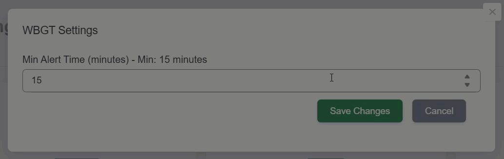 Animated GIF demonstrating how to adjust the minimum WBGT alert time in the Zelus Enterprise web portal