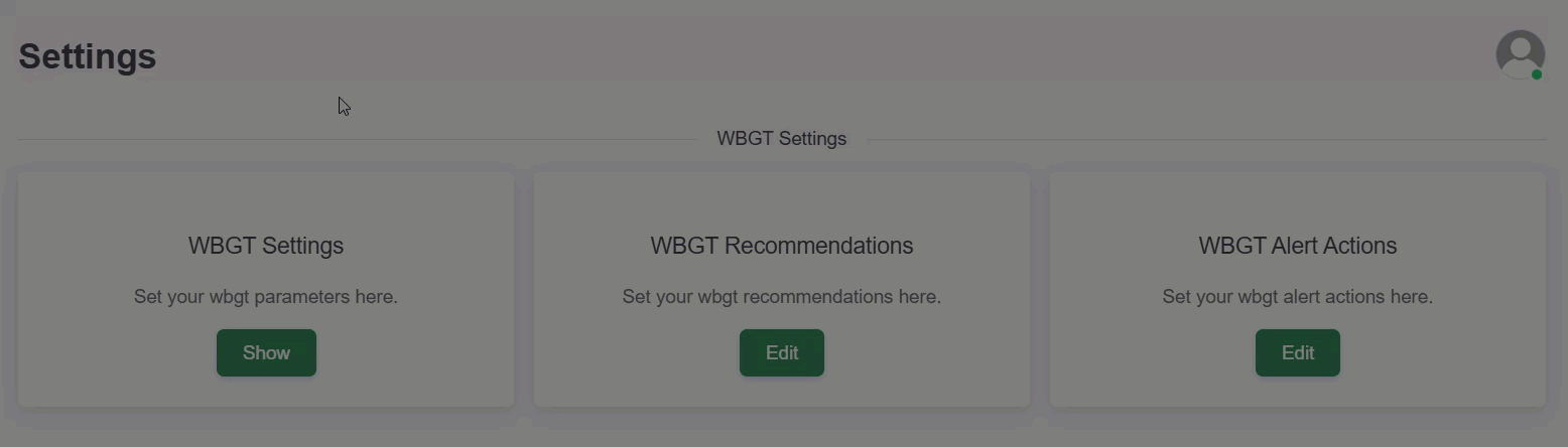Animated GIF demonstrating how to navigate to the WBGT Settings in the Zelus Enterprise web portal