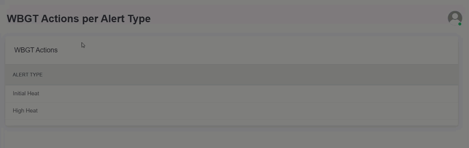 Animated GIF demonstrating how to view WBGT action options in the Zelus Enterprise web portal