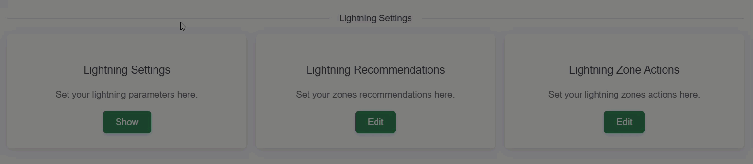 Animated GIF demonstrating how to navigate to the Lightning Zone Actions in the Zelus Enterprise web portal