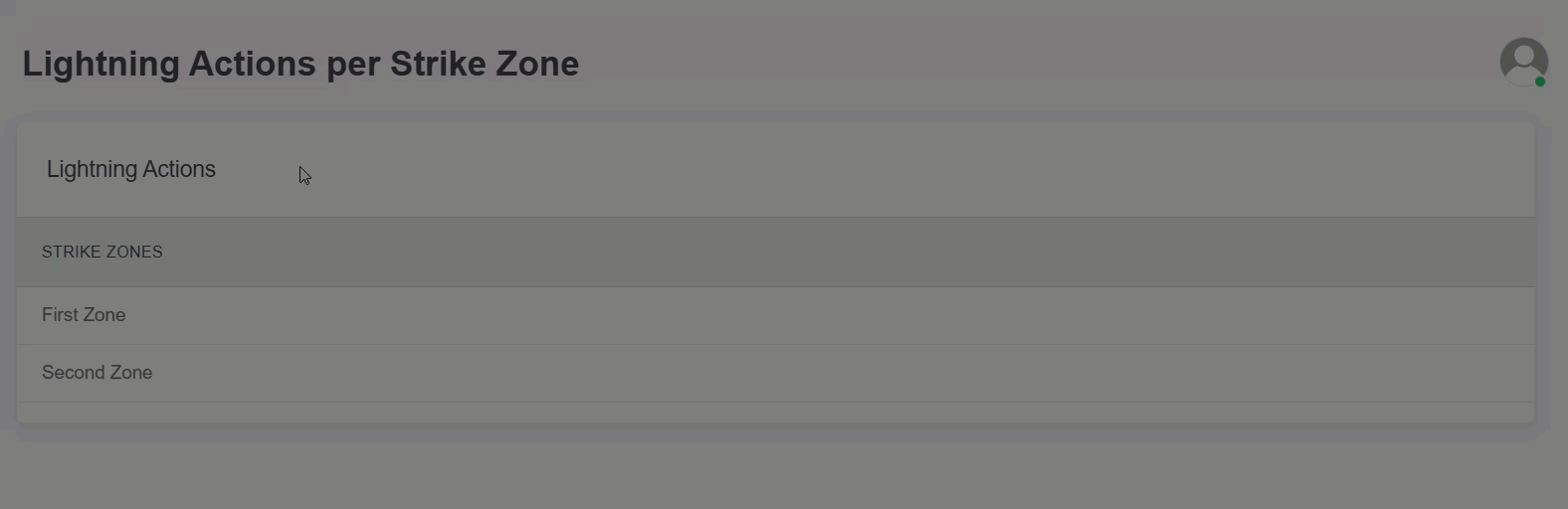 Animated GIF demonstrating how to view Lightning action options in the Zelus Enterprise web portal