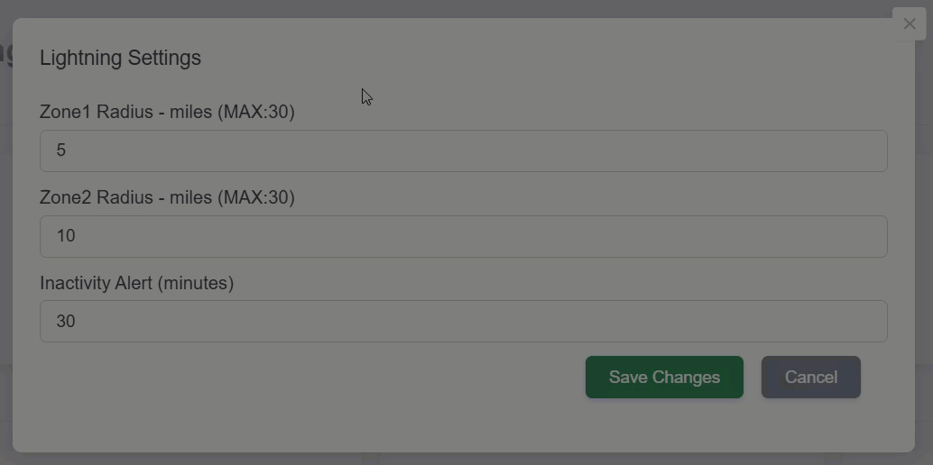 Animated GIF demonstrating how to adjust the Lightning detection parameters in the Zelus Enterprise web portal
