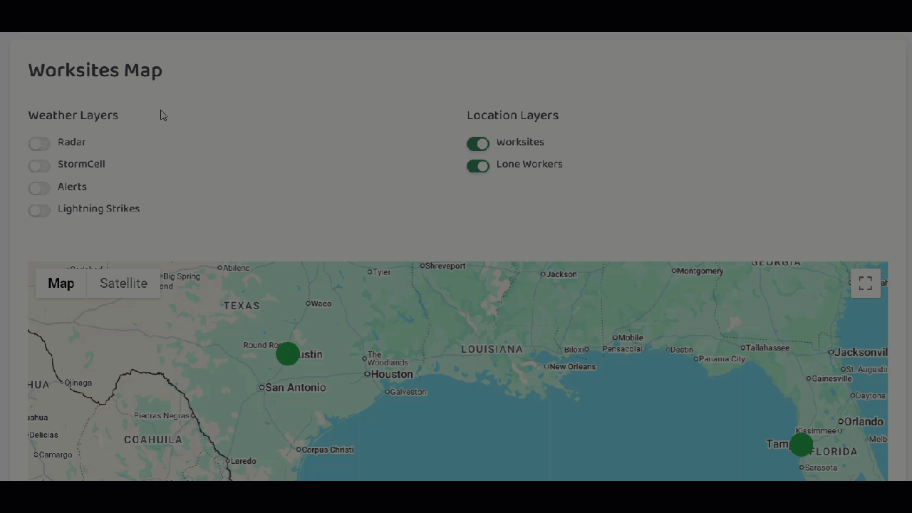 Animated GIF demonstrating how to toggle weather and location layers on and off on the worksites map