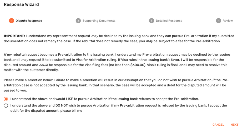 Chargeback rebuttal warning and acceptance