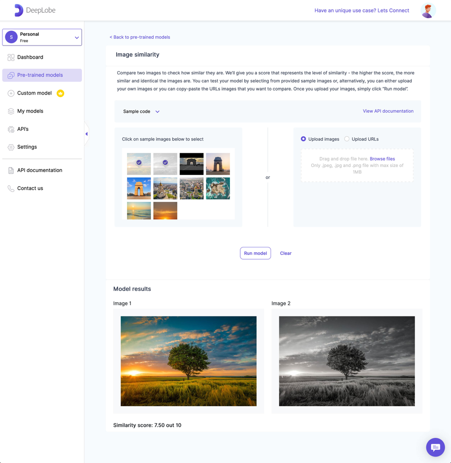 Deeplobe - Image similarity model result page