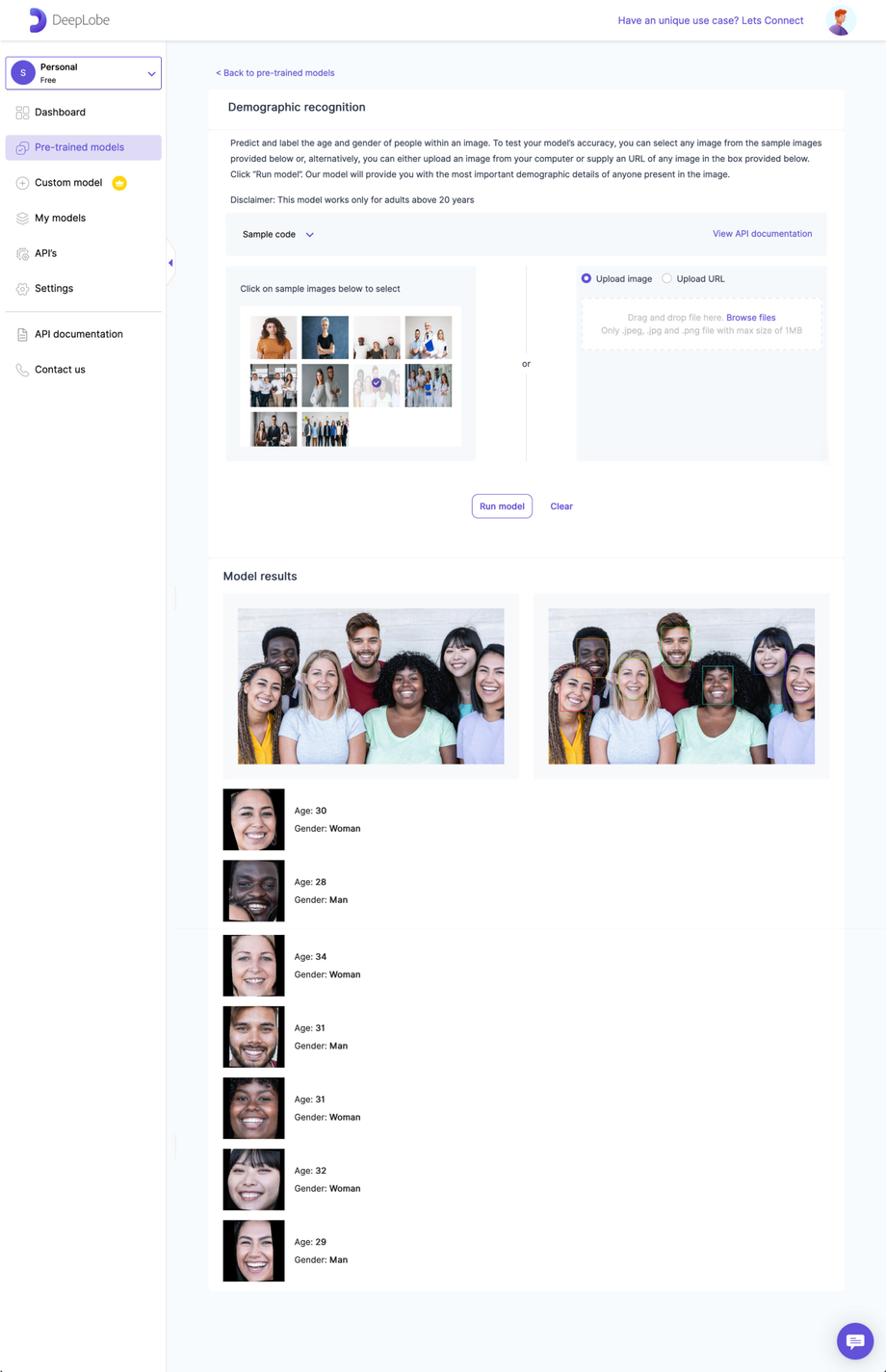 Deeplobe - Demographic recognition model result page