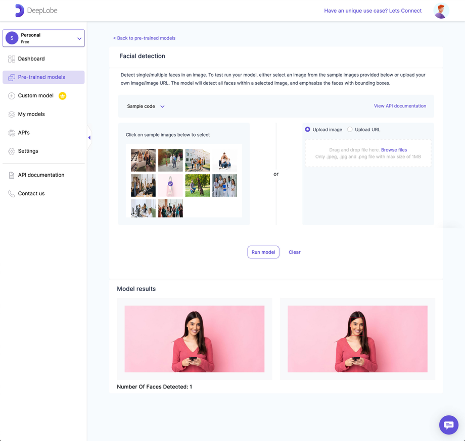 Deeplobe - Facial detection model result page