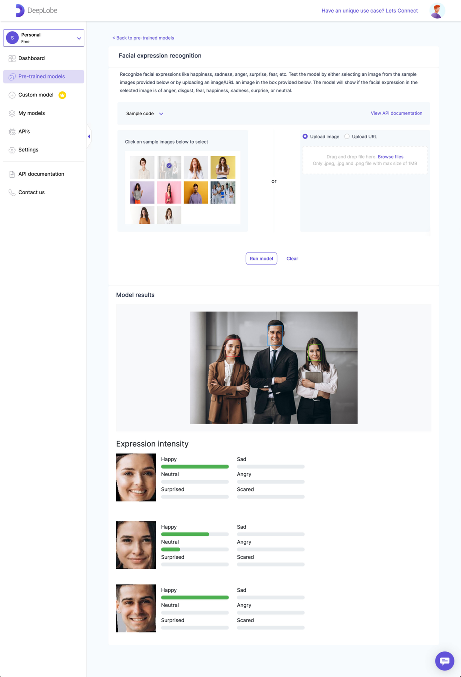 Deeplobe - Facial expression recognition result page
