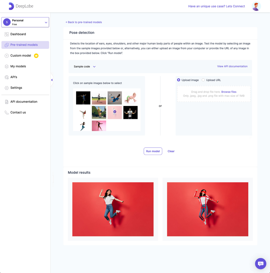 Deeplobe - Pose detection model result page