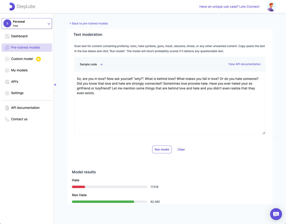 Deeplobe - Text moderation model result page