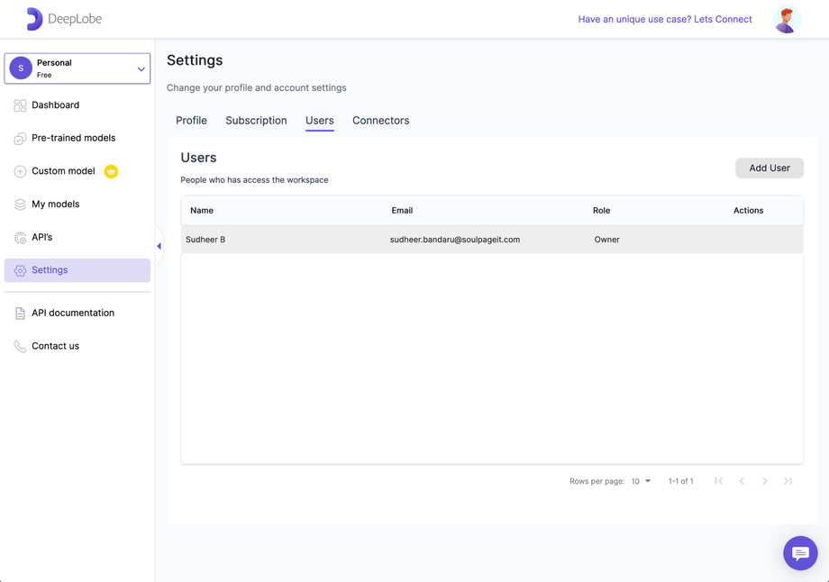 Deeplobe - Settings - Users page