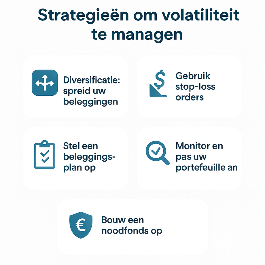 Infographic met de titel “Strategieën om volatiliteit te managen” waarin vijf manieren worden weergegeven om beleggingsrisico’s te beperken: spreiding van beleggingen, gebruik van stop-loss orders, opstellen van een beleggingsplan, opvolgen en aanpassen van de portefeuille, en het aanleggen van een noodfonds.