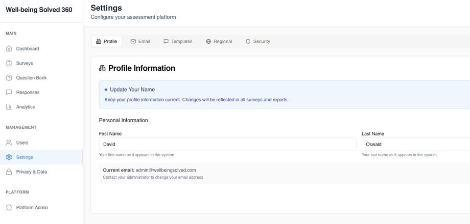 Screenshot of the Settings page of the Well-being Solved Employee 360 app.