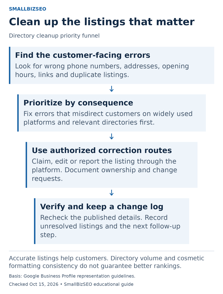 Four-stage directory cleanup funnel: find consequential errors, prioritize them, use authorized corrections and verify published details.