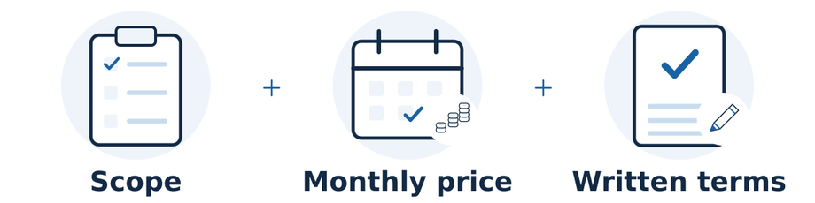 Compare the agreed scope, current monthly price and written commercial terms. Confirm current amounts and any applicable extras before purchasing.
