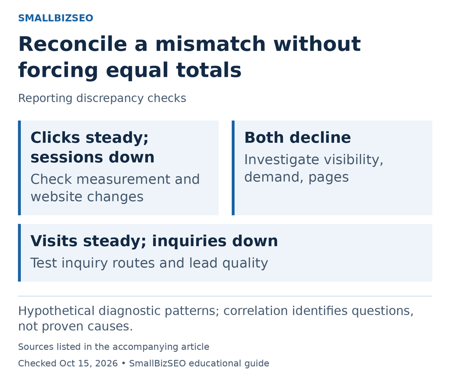 Clicks steady; sessions down: Check measurement and website changes; Both decline: Investigate visibility, demand, pages; Visits steady; inquiries down: Test inquiry routes and lead quality.