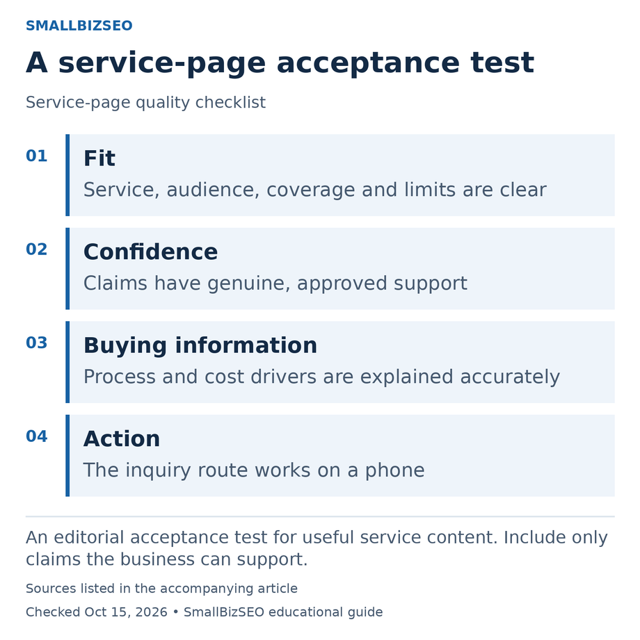 Fit: Service, audience, coverage and limits are clear Confidence: Claims have genuine, approved support Buying information: Process and cost drivers are explained accurately Action: The inquiry route works on a phone