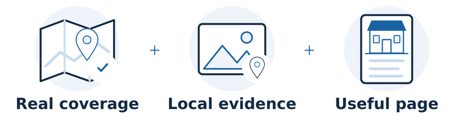 Create a location page when the business truly serves that area and can offer useful local evidence and information, not only a swapped city name.