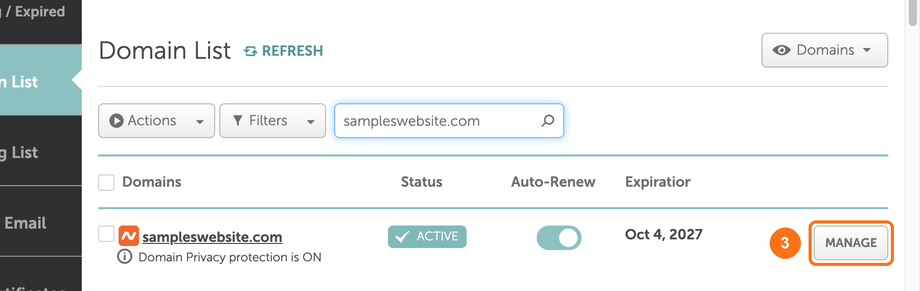 The Manage button next to the domain