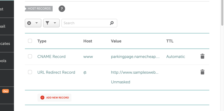 The starting records on a Namecheap domain