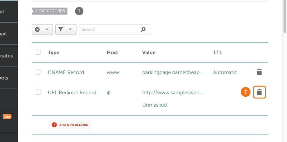 The bin icon on the URL Redirect Record