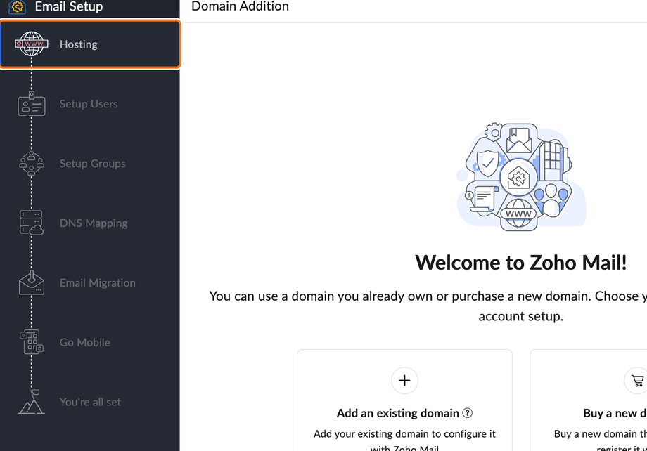 Zoho's setup stages, at Hosting