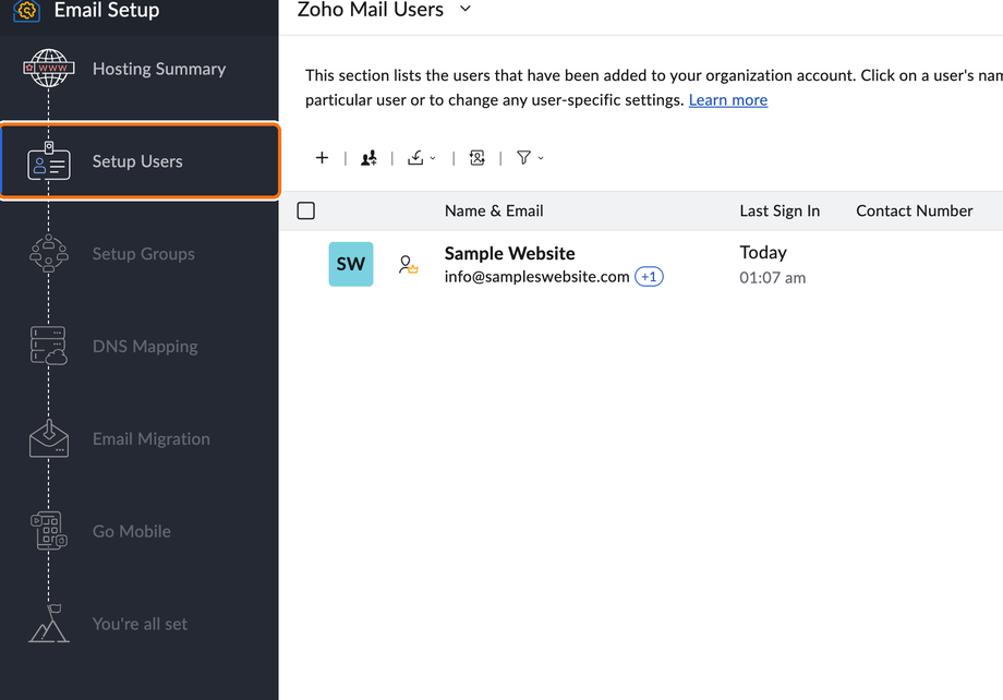 Zoho's setup stages, at Setup Users