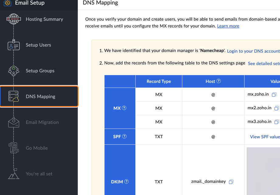 Zoho's setup stages, at DNS Mapping