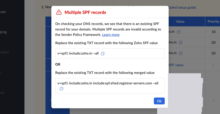Zoho's warning about an existing SPF record