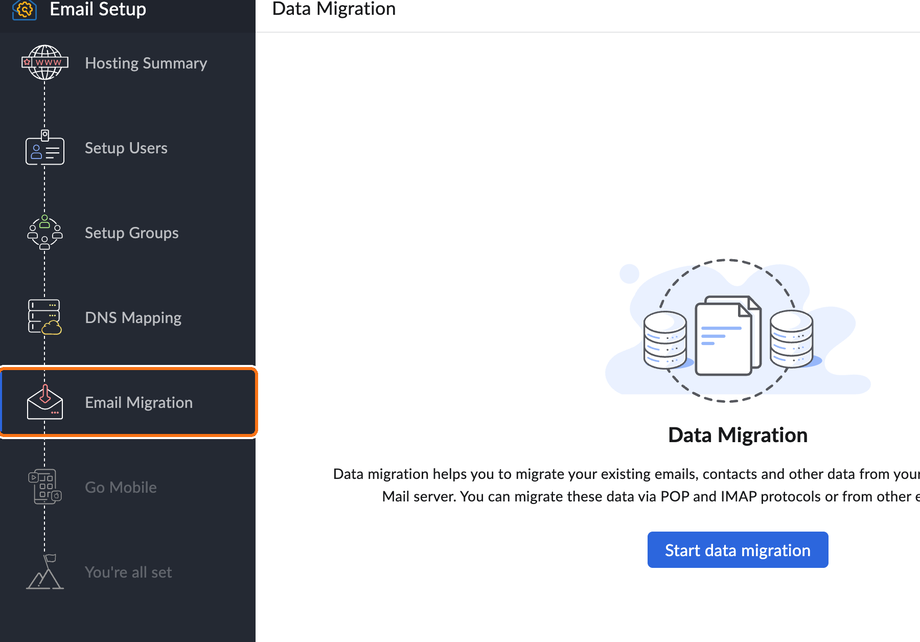 Zoho's setup stages, at Email Migration