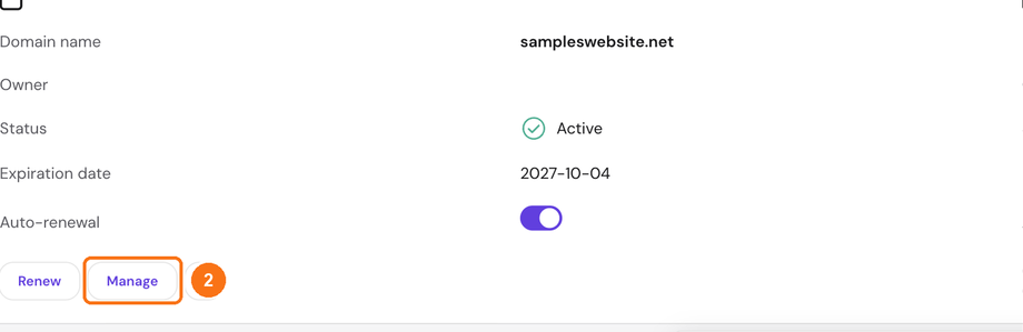 The Manage button next to the domain