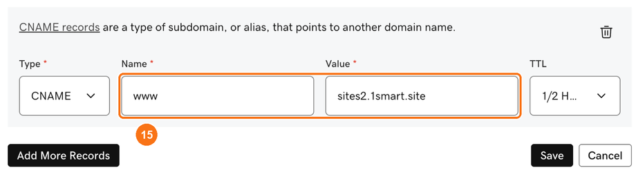 Name www and the CNAME value