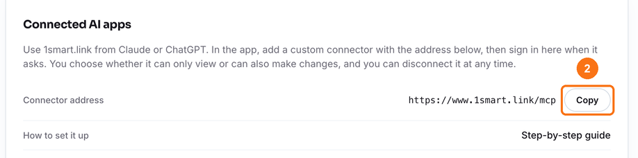 Copy the connector address on the Connected AI apps card