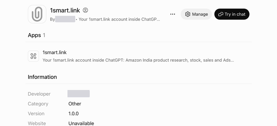 The 1smart.link plugin page in ChatGPT