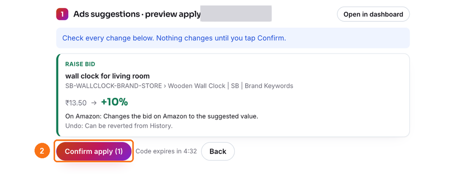 The preview with Confirm apply and the time left