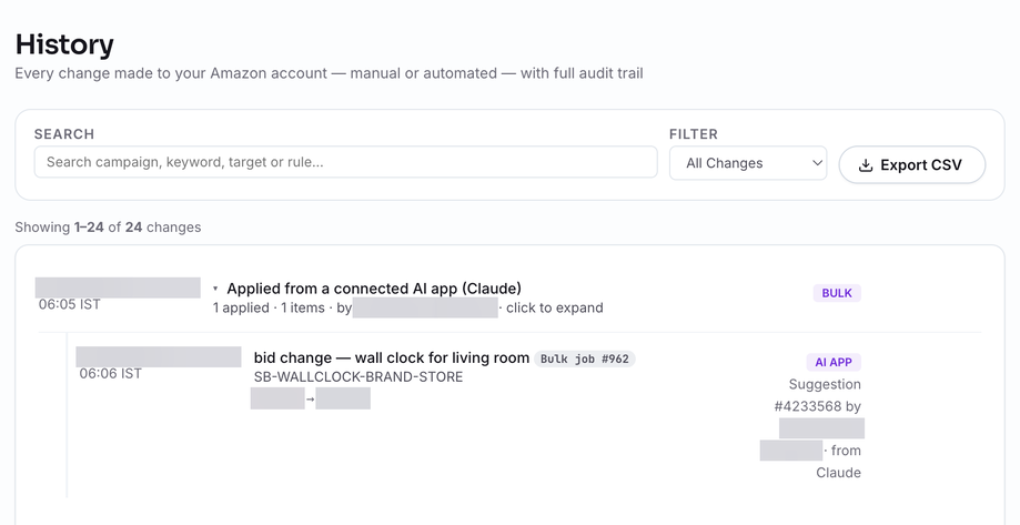 A change made from Claude in Ads Optimiser History, marked AI app