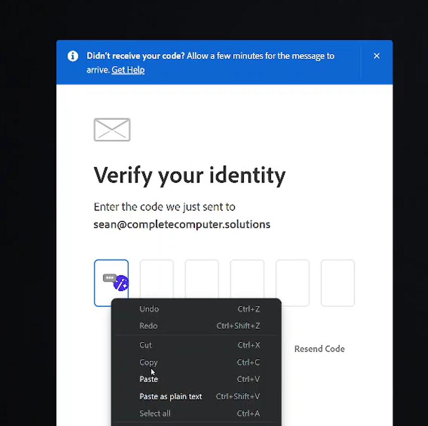 Adobe Account Login Code Prompt