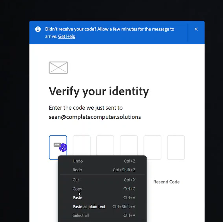 Adobe Account Login Code Prompt