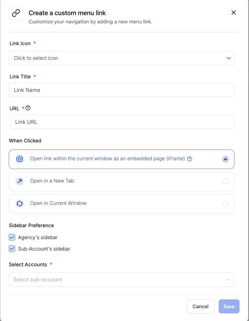 Custom menu link