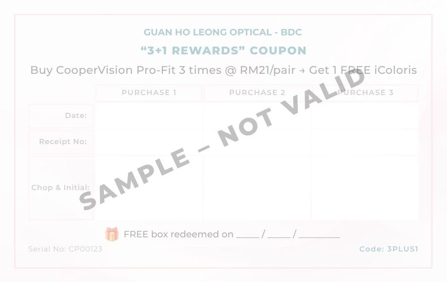 Sample front of 3+1 Rewards loyalty coupon – three receipt slots for CooperVision Pro-Fit purchases at RM21 each, with fields for date, receipt number, staff initials and store chop. Each coupon has a unique serial number (e.g., CP00123) and fixed code 3PLUS1. For illustration only – not valid for redemption.
