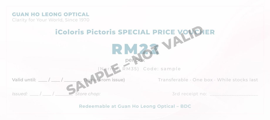 Sample front of iColoris Pictoris special price voucher – RM22 per box (normal RM35), valid for one year from issue date, transferable. Features fields for issue date, store chop, and third receipt number. For illustration only – not valid for redemption.