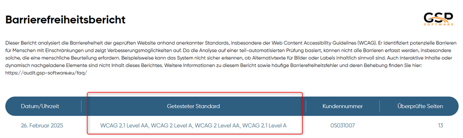 Ausschnitt aus dem Barrierefreiheitsbericht mit den geprüften Standards